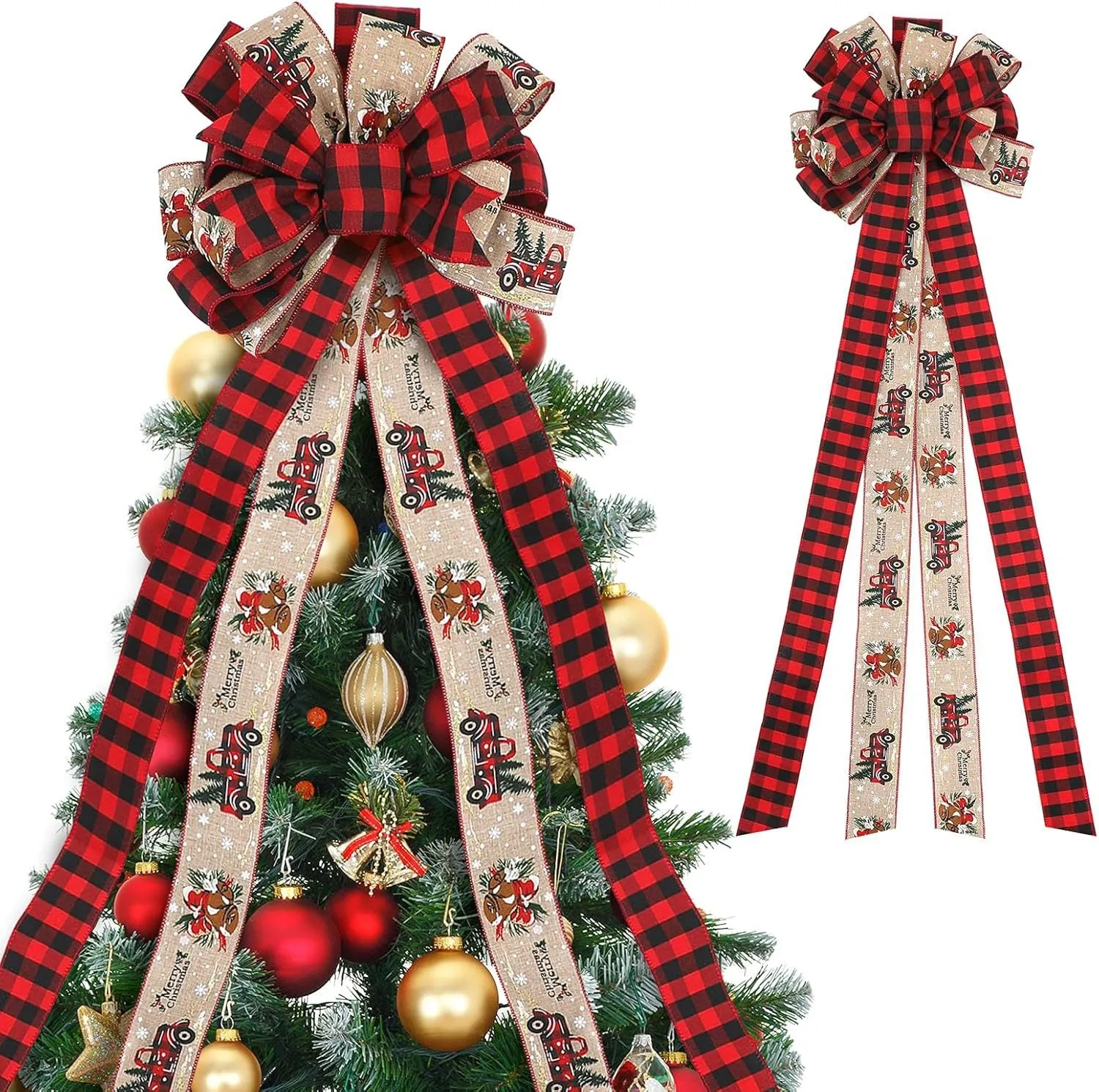 1.4 m Super Long Christmas Tree Top Star With Plaid Bow