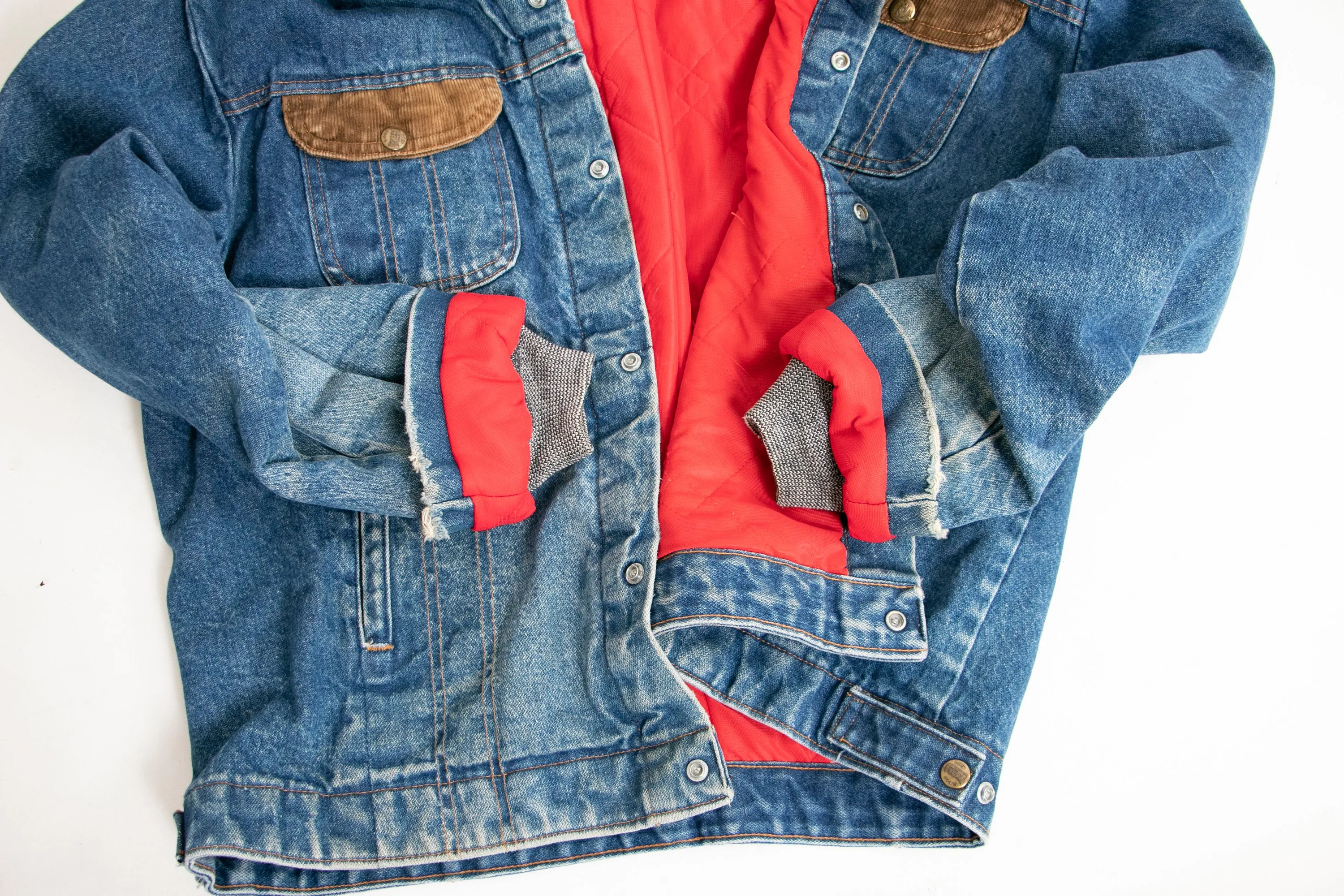 1980s Denim Jacket Quilted Red Jean Coat Corduroy Large