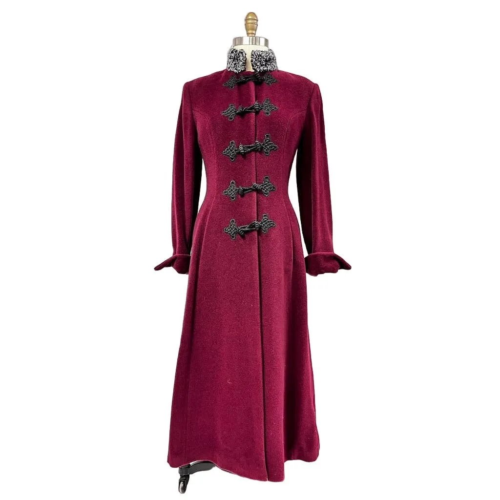 80s VTG Miss Elle Ci Cossack Style Maxi Coat Sz 42/M Wine Wool Cashmere Italy Retro