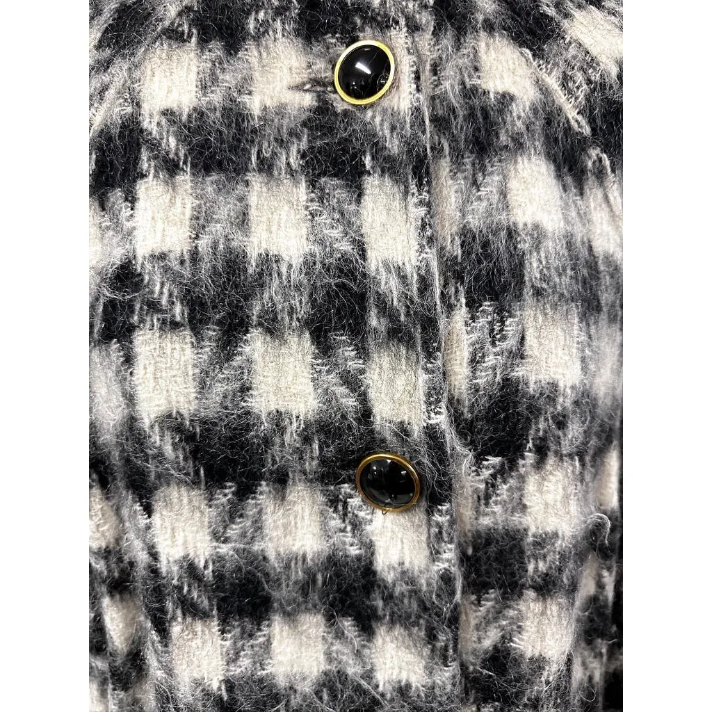 80s VTG Paul Levy Designs Coat Black & White Houndstooth Fuzzy Mohair Womens L