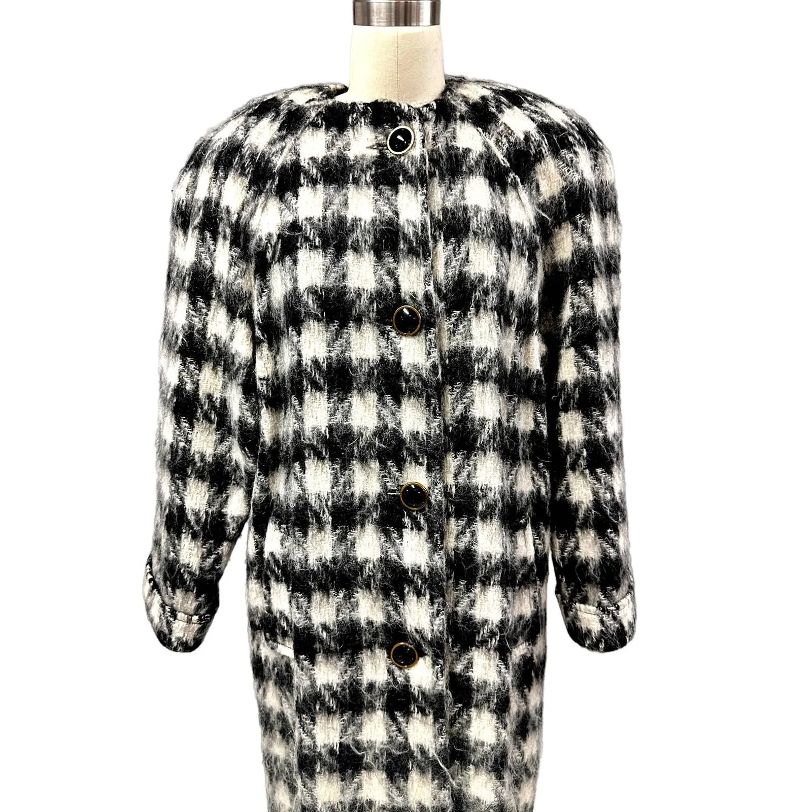 80s VTG Paul Levy Designs Coat Black & White Houndstooth Fuzzy Mohair Womens L