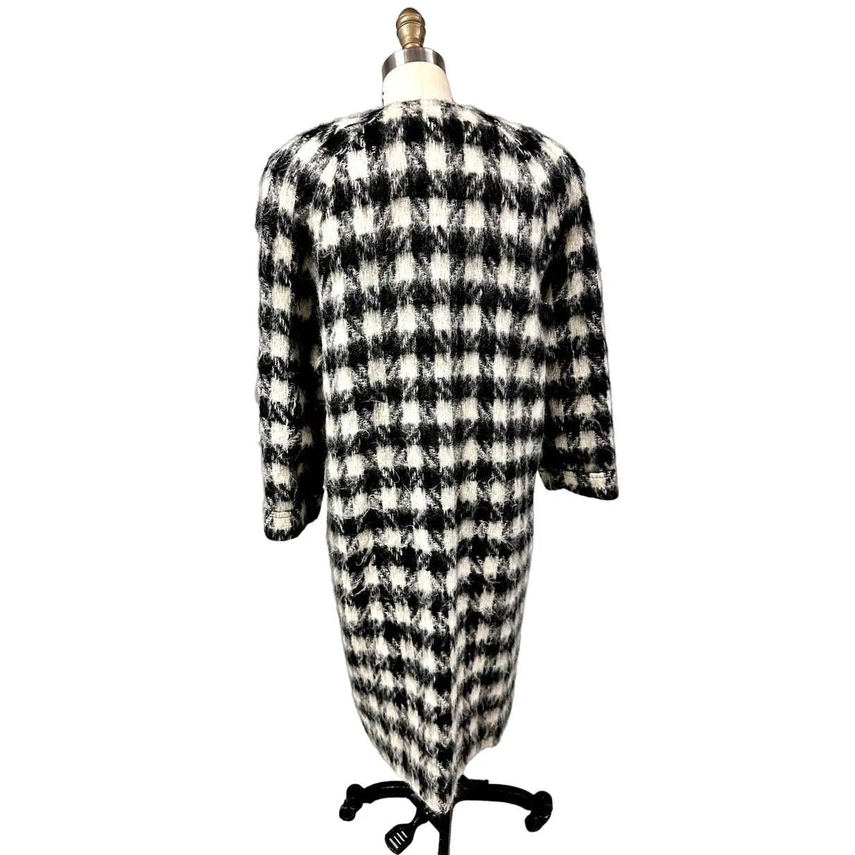 80s VTG Paul Levy Designs Coat Black & White Houndstooth Fuzzy Mohair Womens L