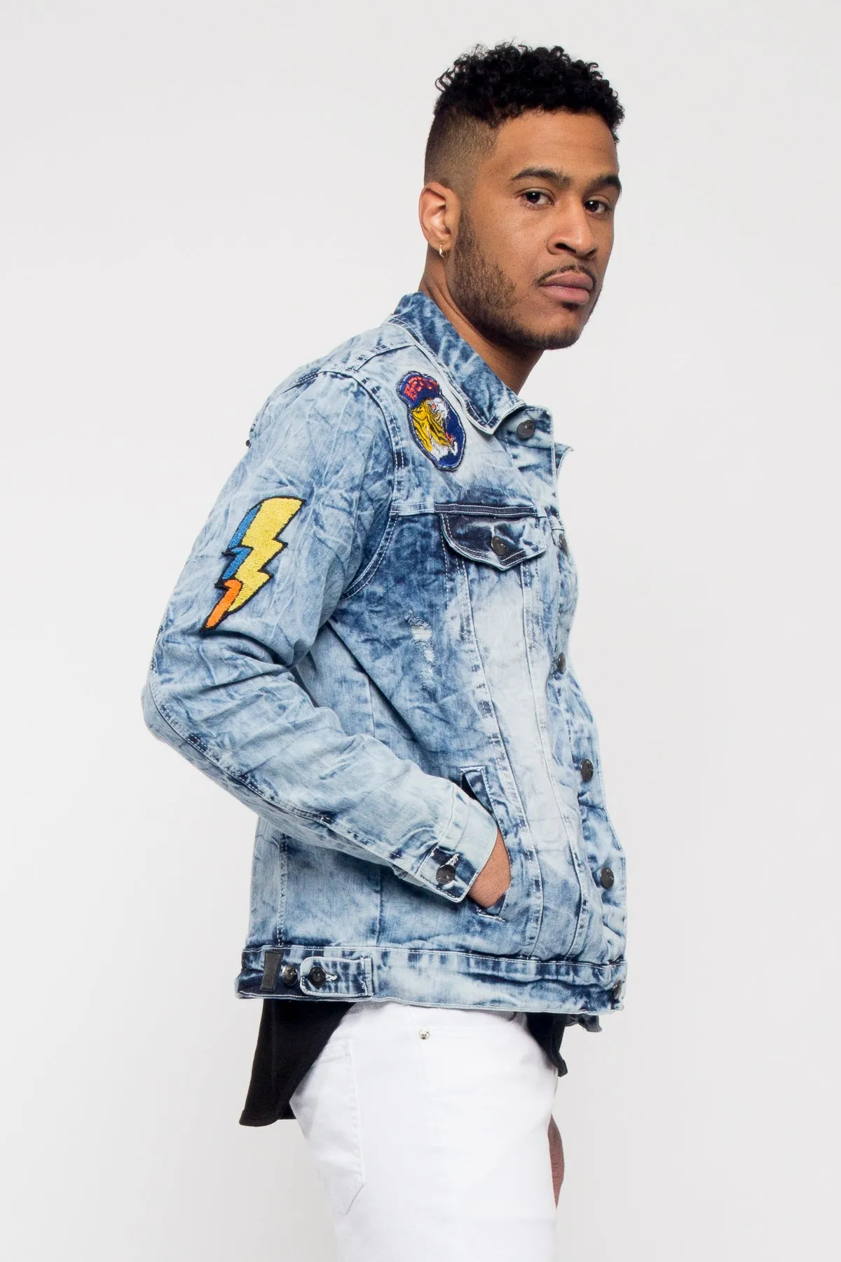 Acid Wash King Applique Patch Jean Jacket