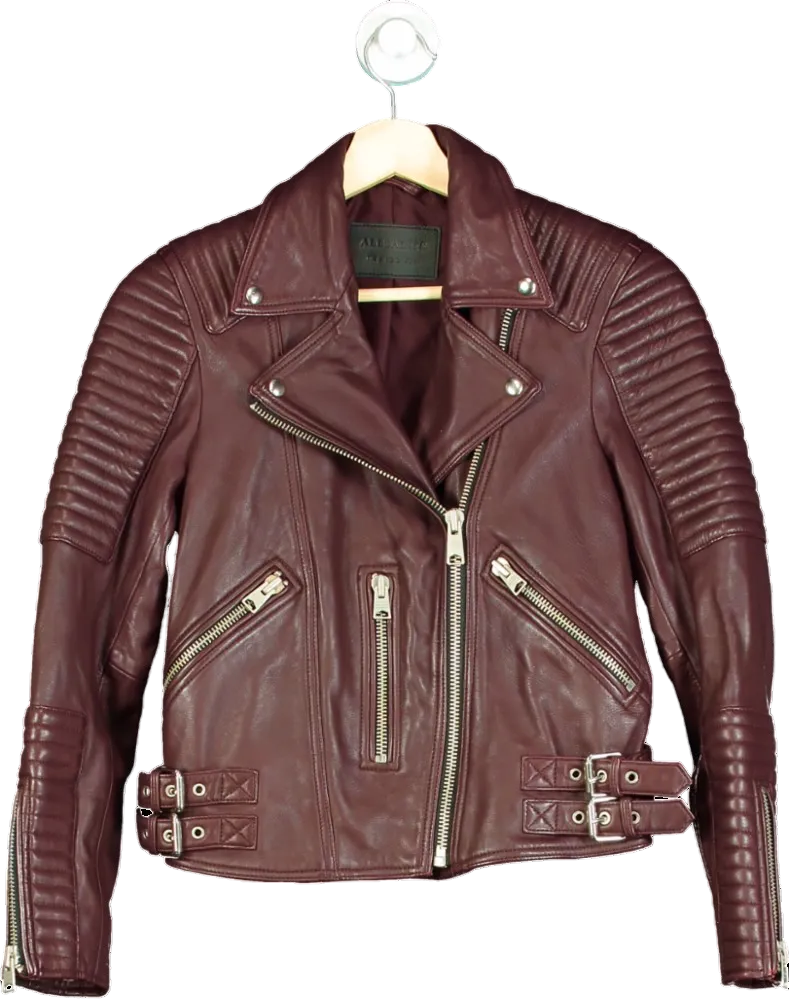 AllSaints Burgundy Leather Estella Biker Jacket UK 6