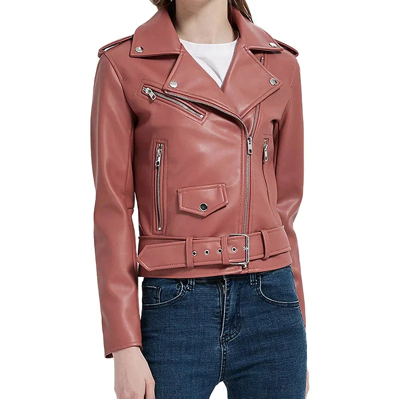 Autumn Short Leather Jacket Women Pink Solid Turn-down Collar Slim Coat Female Zipper Belt Pockets Street Ladies Biker Jacket women