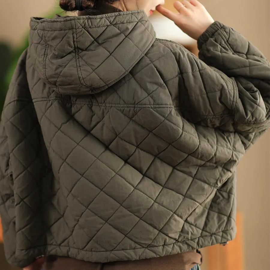 Babakud Women Winter Retro Diamond Quilted Cotton Hooded Jacket