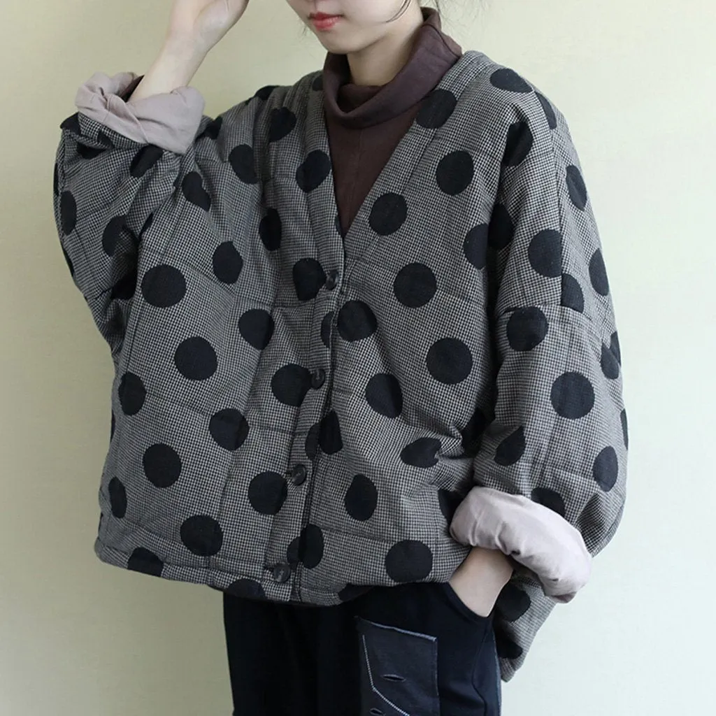 Babakud Women Winter Retro Polka Dots Quilted Linen Jacket