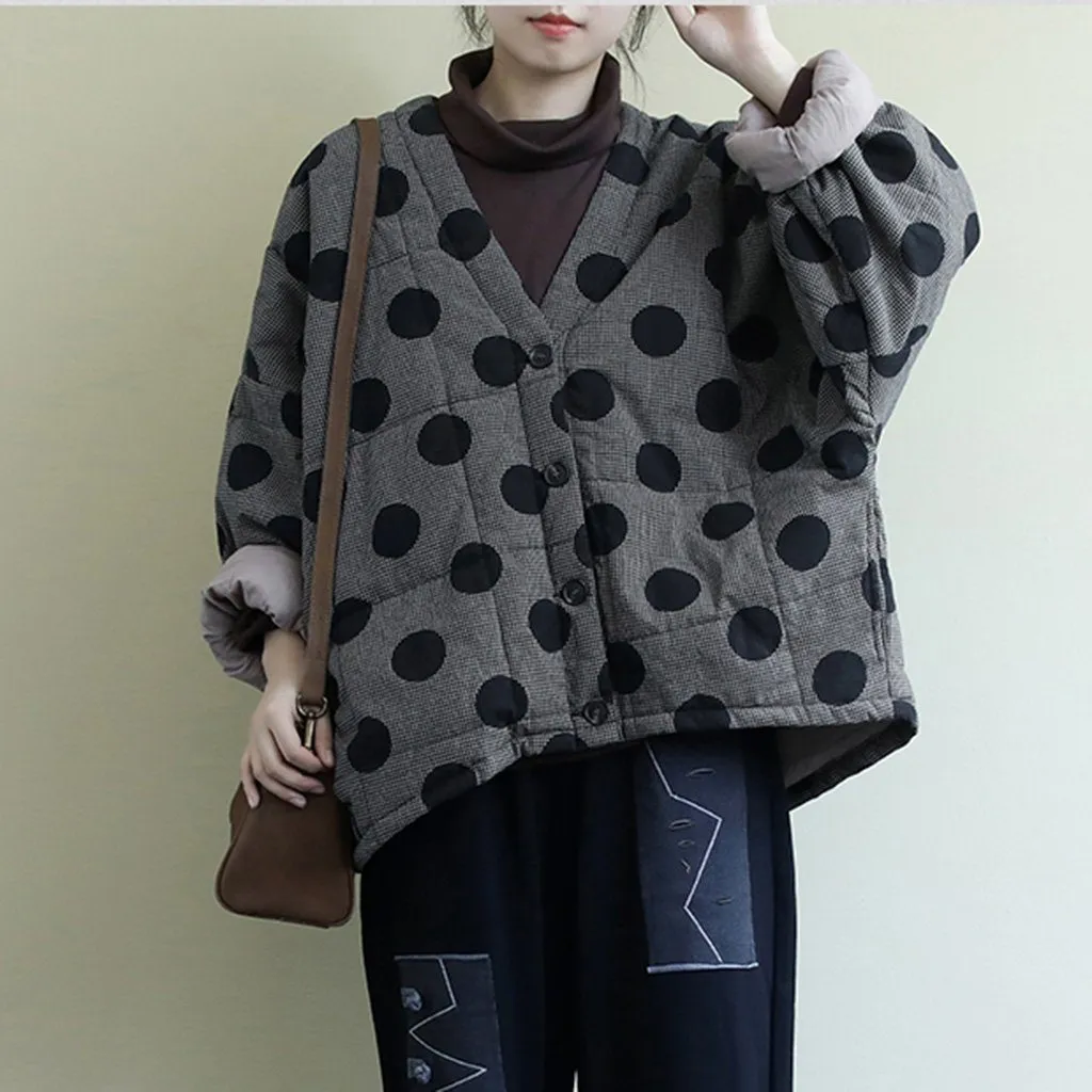 Babakud Women Winter Retro Polka Dots Quilted Linen Jacket