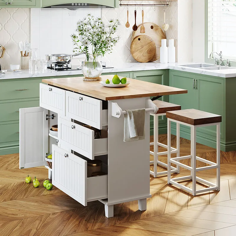 Bellemave® Farmhouse Kitchen Island Set with Drop Leaf and 2 Seatings, Drawers and Towel Rack