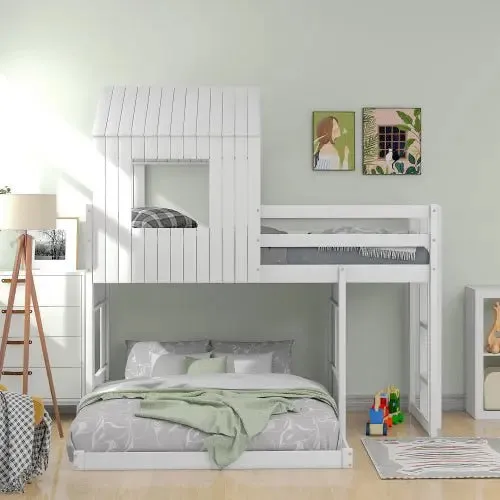 Bellemave® Twin over Full House Bunk Bed with Playhouse and Farmhouse,Ladder and Guardrails