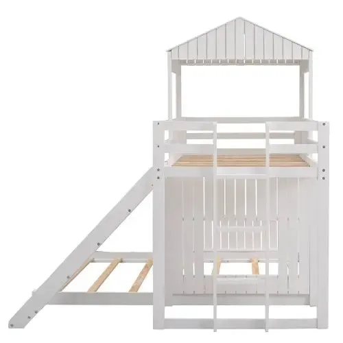 Bellemave® Twin over Full House Bunk Bed with Playhouse and Farmhouse,Ladder and Guardrails