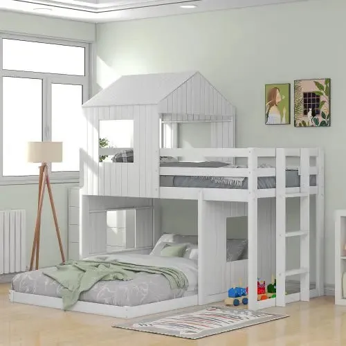 Bellemave® Twin over Full House Bunk Bed with Playhouse and Farmhouse,Ladder and Guardrails