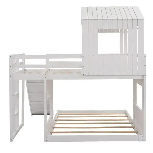 Bellemave® Twin over Full House Bunk Bed with Playhouse and Farmhouse,Ladder and Guardrails