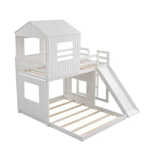 Bellemave® Twin over Full House Bunk Bed with Playhouse and Farmhouse,Ladder and Guardrails