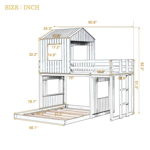 Bellemave® Twin over Full House Bunk Bed with Playhouse and Farmhouse,Ladder and Guardrails