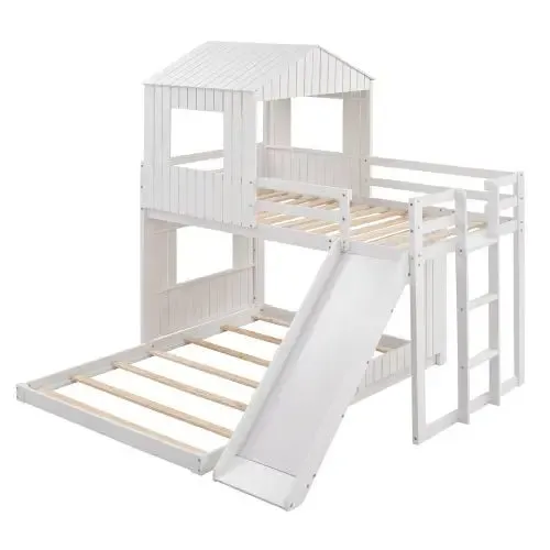 Bellemave® Twin over Full House Bunk Bed with Playhouse and Farmhouse,Ladder and Guardrails