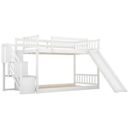 Bellemave® Twin Size Floor Bunk Bed with Convertible Slide and Stairway