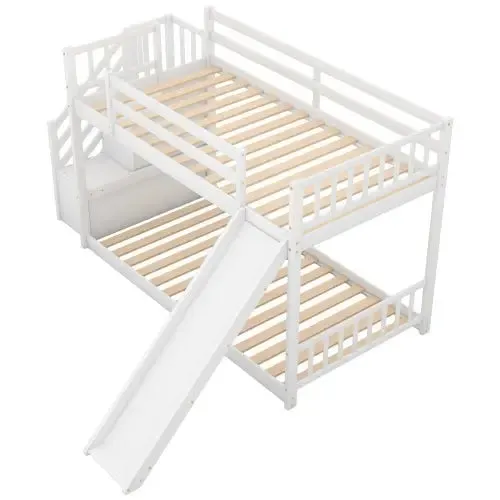 Bellemave® Twin Size Floor Bunk Bed with Convertible Slide and Stairway