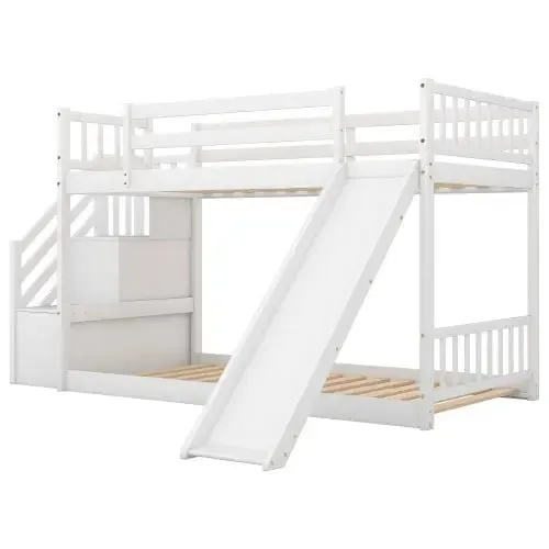 Bellemave® Twin Size Floor Bunk Bed with Convertible Slide and Stairway