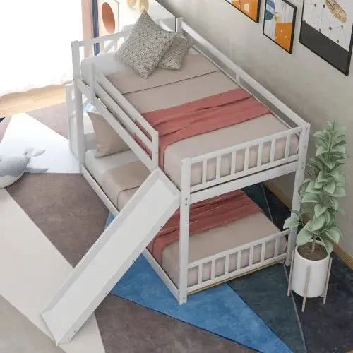 Bellemave® Twin Size Floor Bunk Bed with Convertible Slide and Stairway