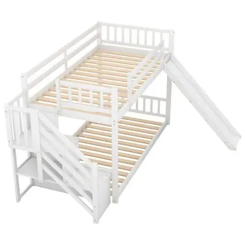 Bellemave® Twin Size Floor Bunk Bed with Convertible Slide and Stairway