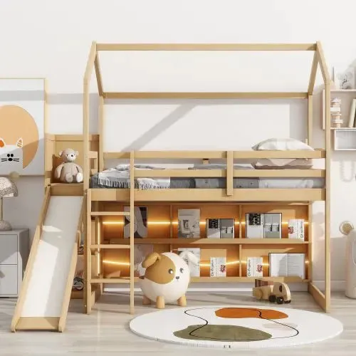 Bellemave® Twin Size Wood House Loft Bed with Slide, Storage shelves and Light