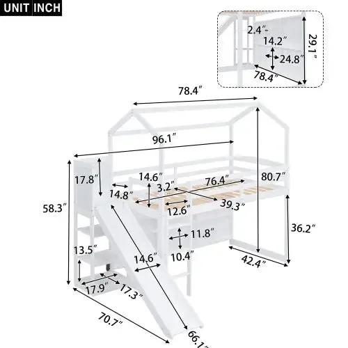 Bellemave® Twin Size Wood House Loft Bed with Slide, Storage shelves and Light