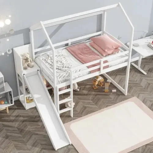 Bellemave® Twin Size Wood House Loft Bed with Slide, Storage shelves and Light