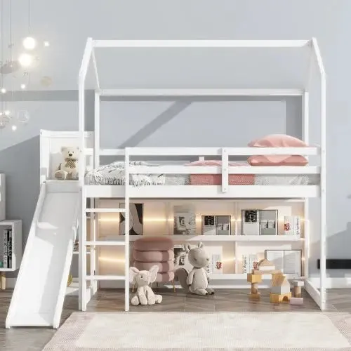 Bellemave® Twin Size Wood House Loft Bed with Slide, Storage shelves and Light