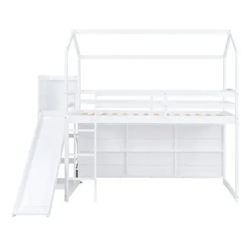 Bellemave® Twin Size Wood House Loft Bed with Slide, Storage shelves and Light