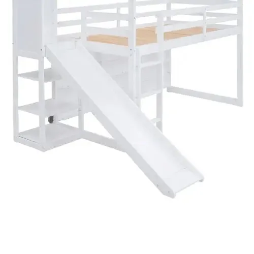 Bellemave® Twin Size Wood House Loft Bed with Slide, Storage shelves and Light