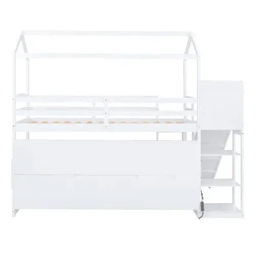 Bellemave® Twin Size Wood House Loft Bed with Slide, Storage shelves and Light