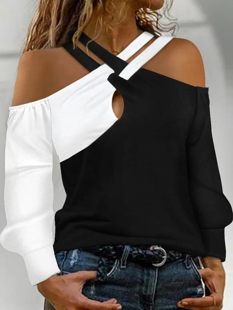 BerryBetty - Autumn Winter Colorblock Crisscross Cold Shoulder Top Casual Patchwork Long Sleeve Pullover Blouse Women Clothes