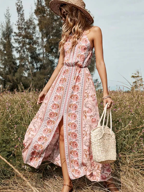 BerryBetty - Casual Pink Sling Print Women Dress Summer Sexy O-Neck Holiday Style Long Dress