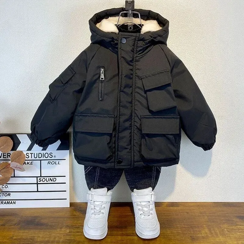 Black Hooded Cotton Parka for Boys - Winter Outerwear Kids Coat 3-8 Years XMP323