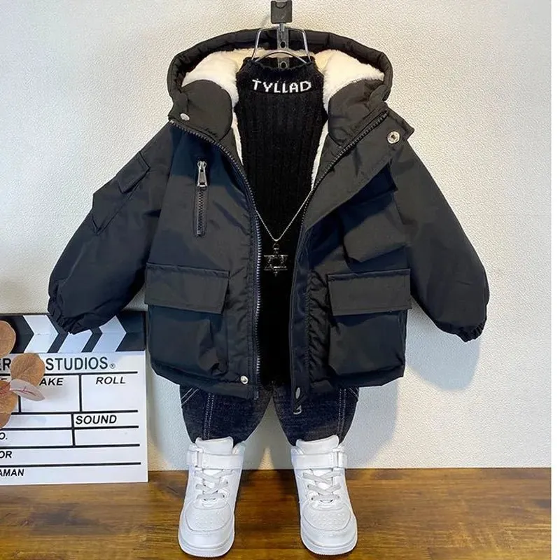 Black Hooded Cotton Parka for Boys - Winter Outerwear Kids Coat 3-8 Years XMP323