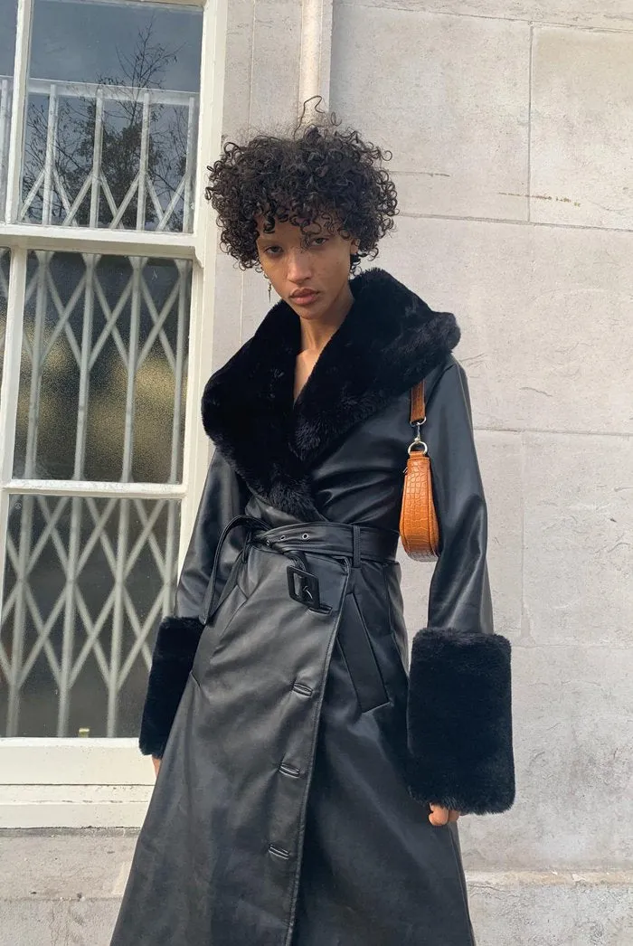 Black Midi Coat With Black Faux Fur