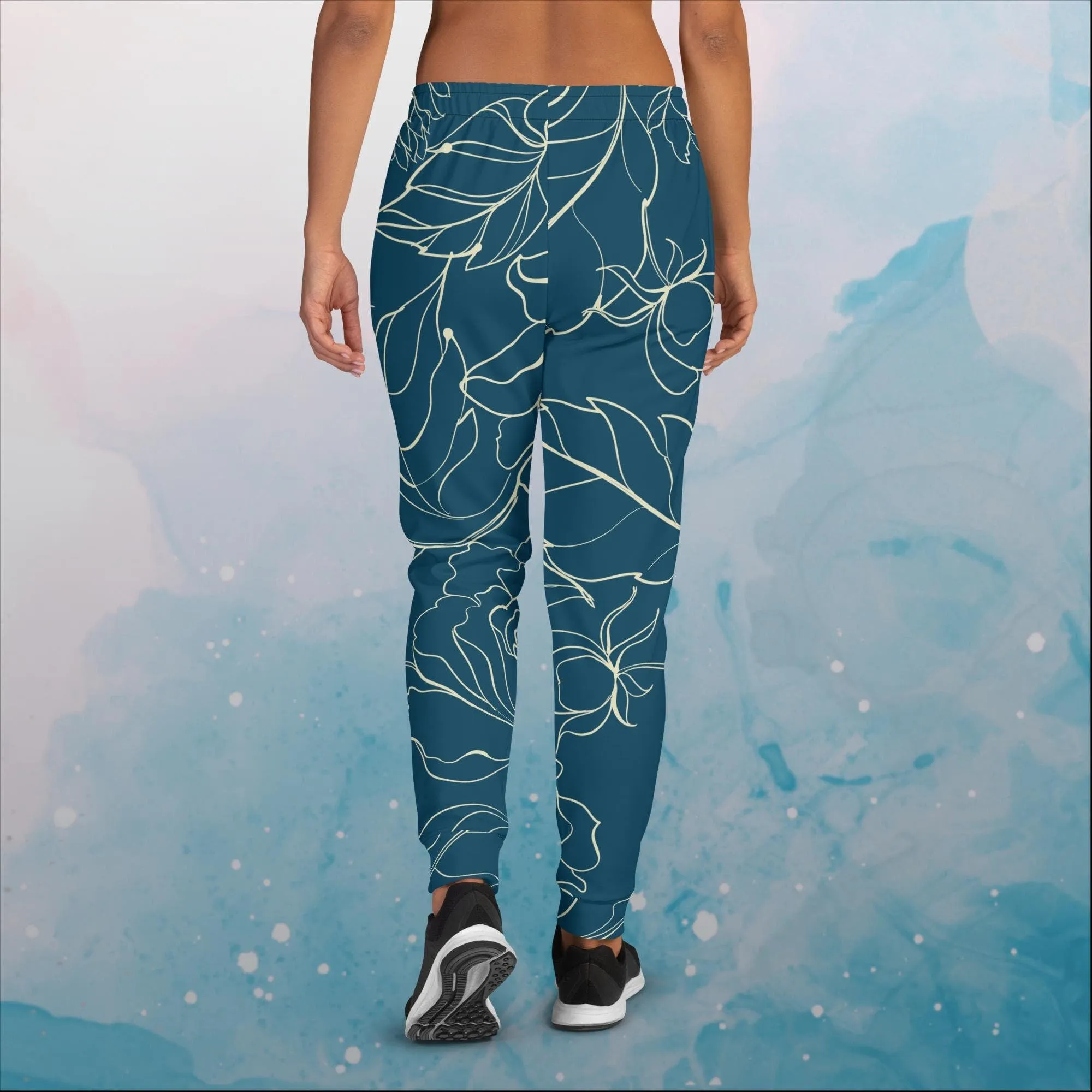 Blue and Cream Floral Stencil Lines Womens Joggers