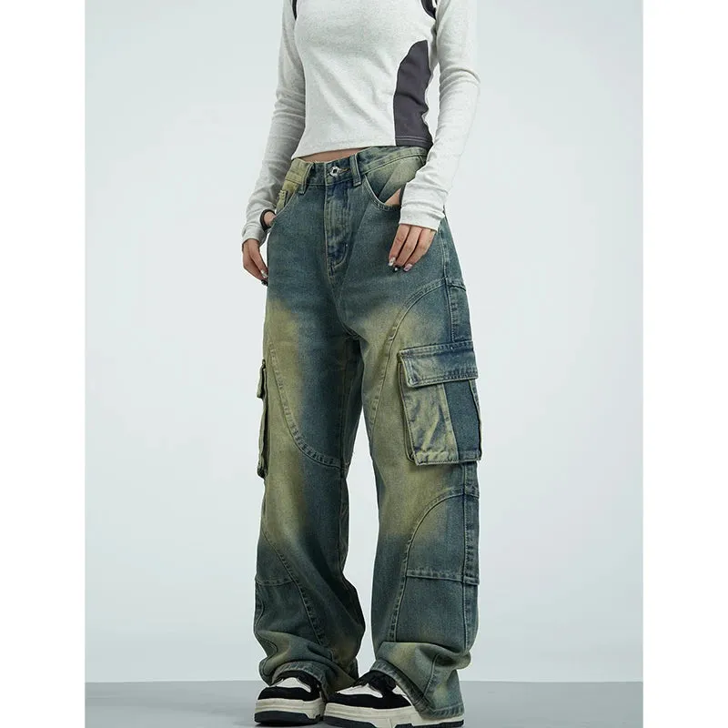 Blue Cargo Streetwear High Waist American Wide Leg Fashion Y2K Winter Jeans