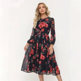 Bohemian Style Red Flower Printed Chiffon Dress