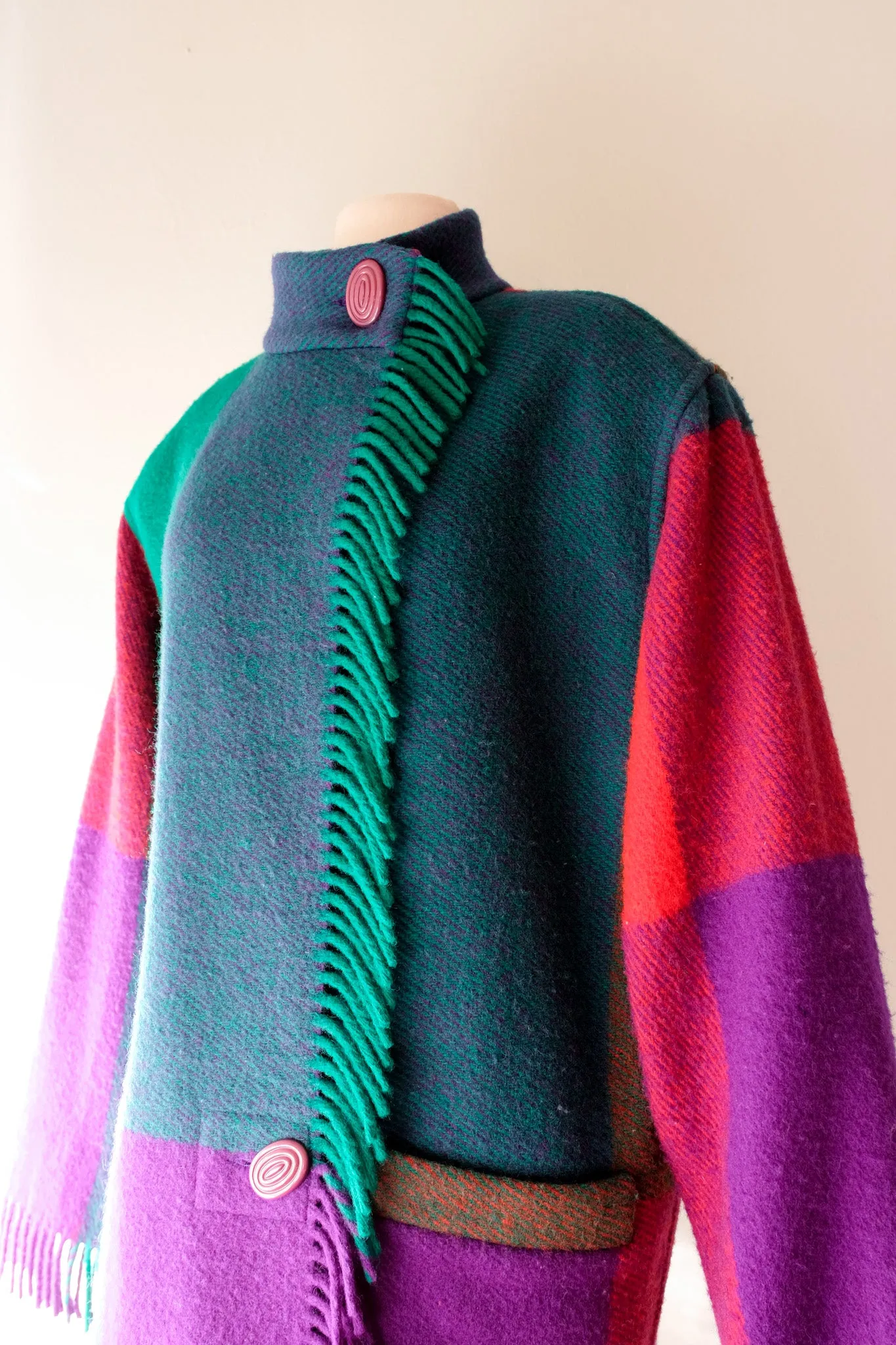 Bold 1980's Jewel-tone Bold Plaid Wool Fringe Cocoon Coat / Sz L