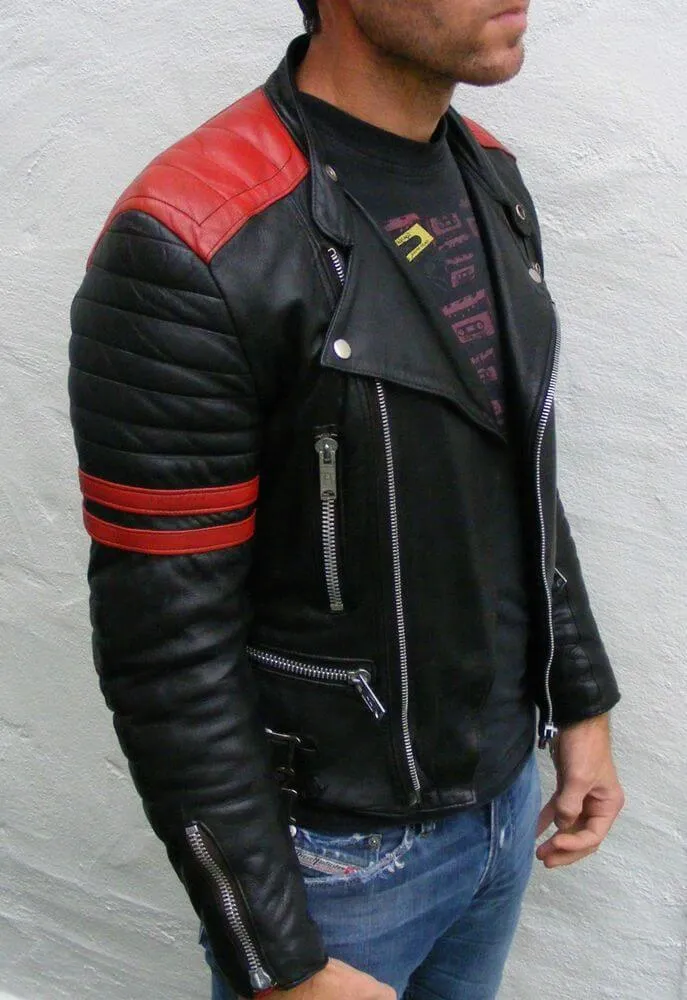 Brando Men's Black & Red Padded Power Shoulders Biker Genuine Leather Jacket