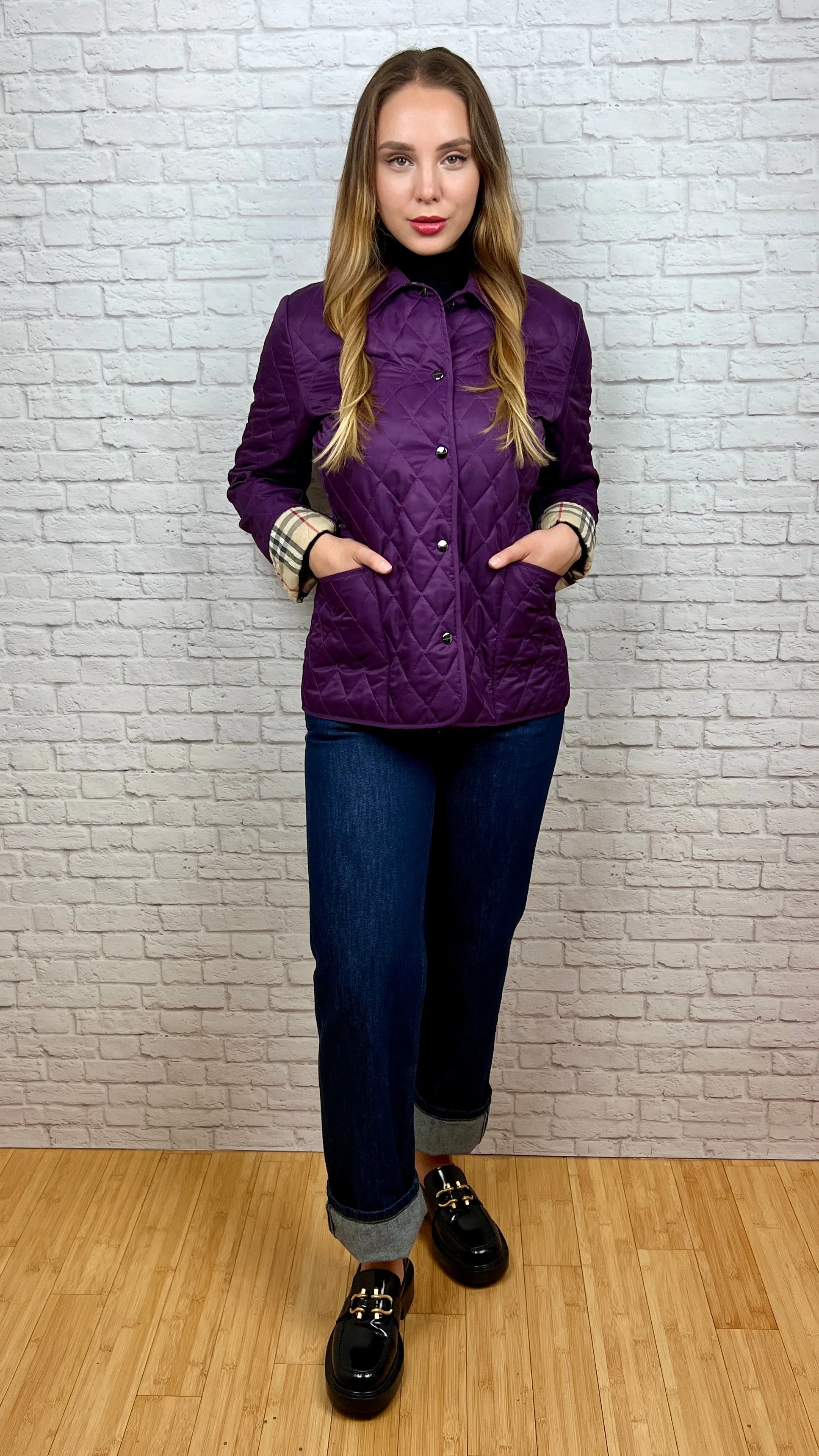 BURBERRY Quilted Shell Jacket, Size Small, Purple