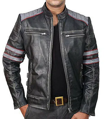 Cafe Racer Retro Classic Black gray Distressed Biker Leather Jackets For Men