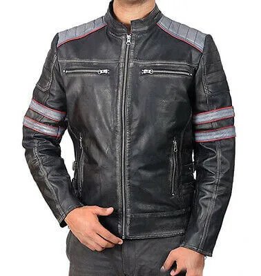 Cafe Racer Retro Classic Black gray Distressed Biker Leather Jackets For Men