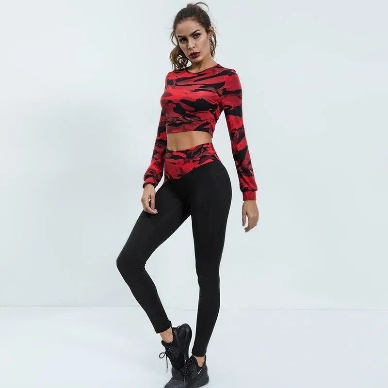 Camouflage Crop top Women Breathable Slim Set