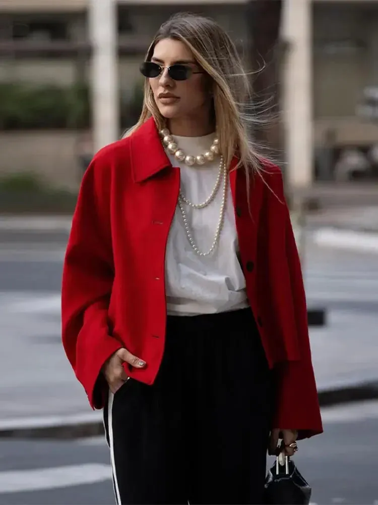 Chic Red Short Elegant Turn Down Collar Long Sleeve Coats