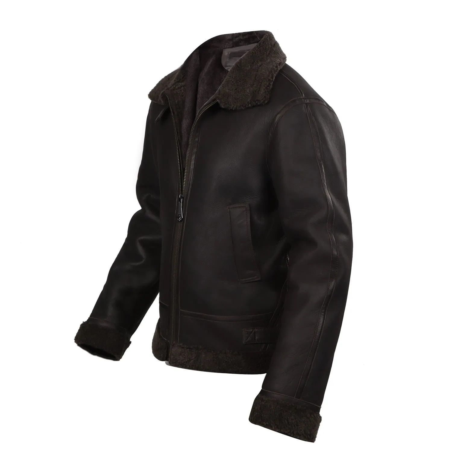 Classic Shearling Dark Brown Leather Contrasting Woven Collar Jacket with Metal Lion Logo by Brune & Bareskin