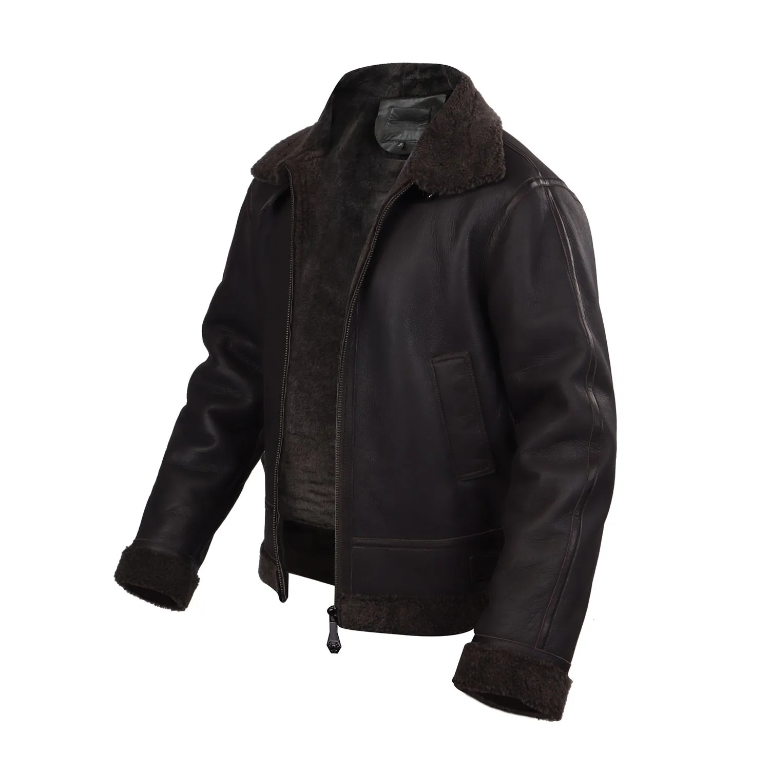 Classic Shearling Dark Brown Leather Contrasting Woven Collar Jacket with Metal Lion Logo by Brune & Bareskin