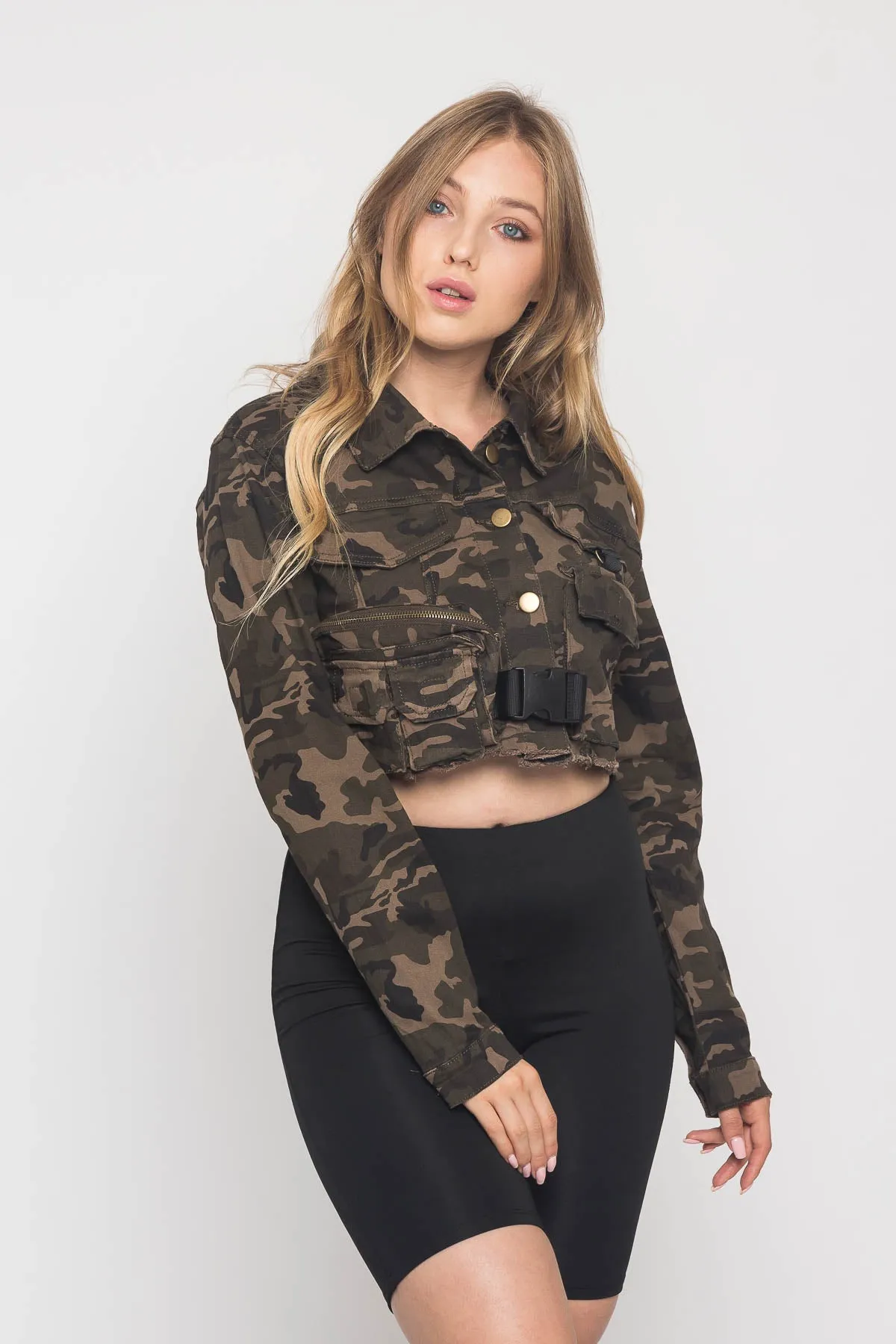 Cropped Military Style Pocket Shirt Jacket